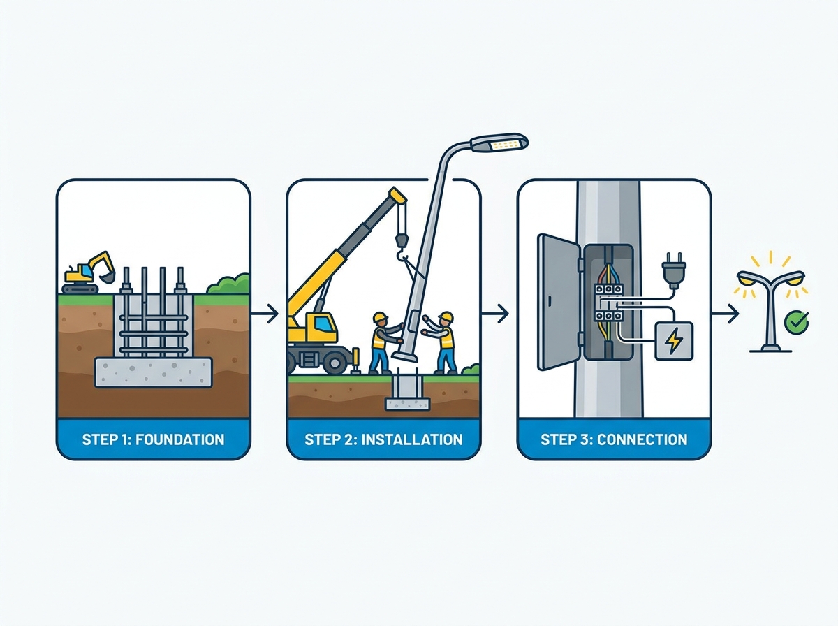 Commercial street light pole installation and rigging process on a municipal site